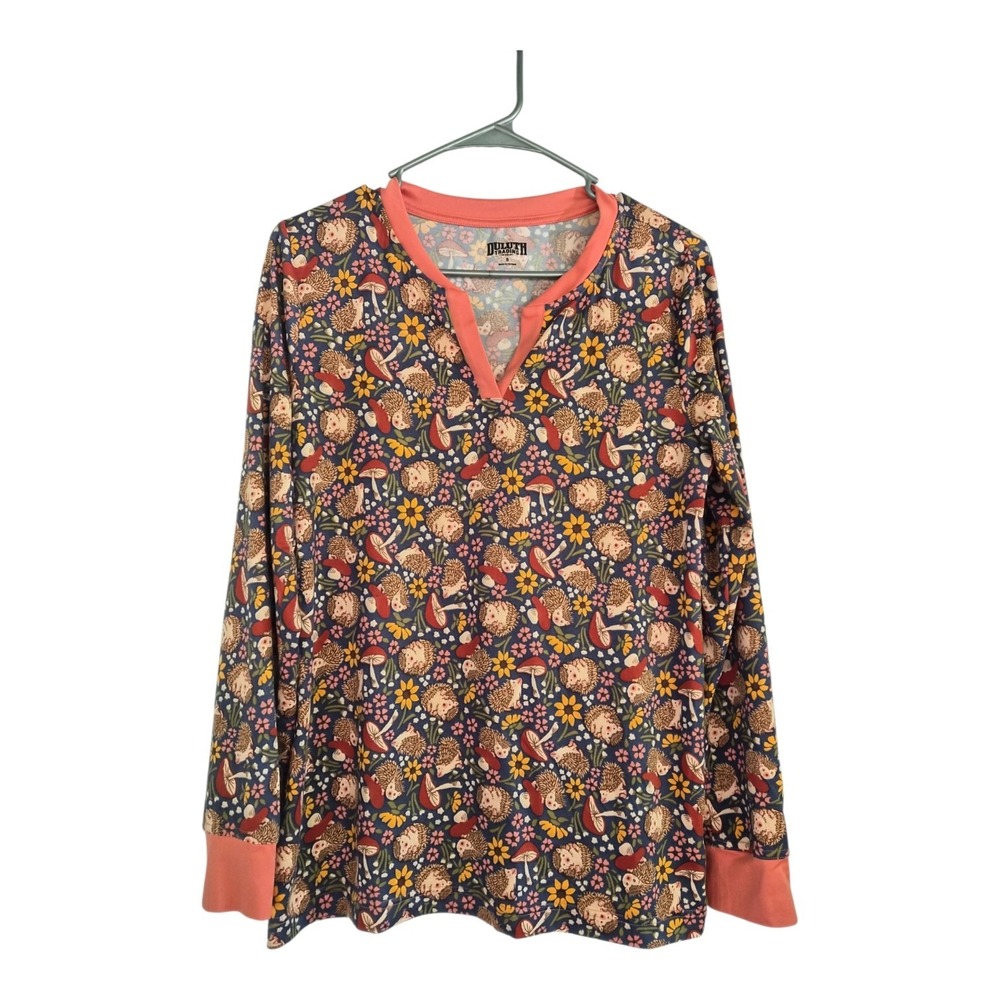 Duluth Trading Henley Shirt Small Hedgehog Mushroom Floral Soft Stretch Top